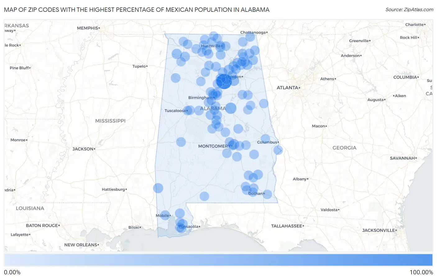 Zip Codes with the Highest Percentage of Mexican Population in Alabama Map