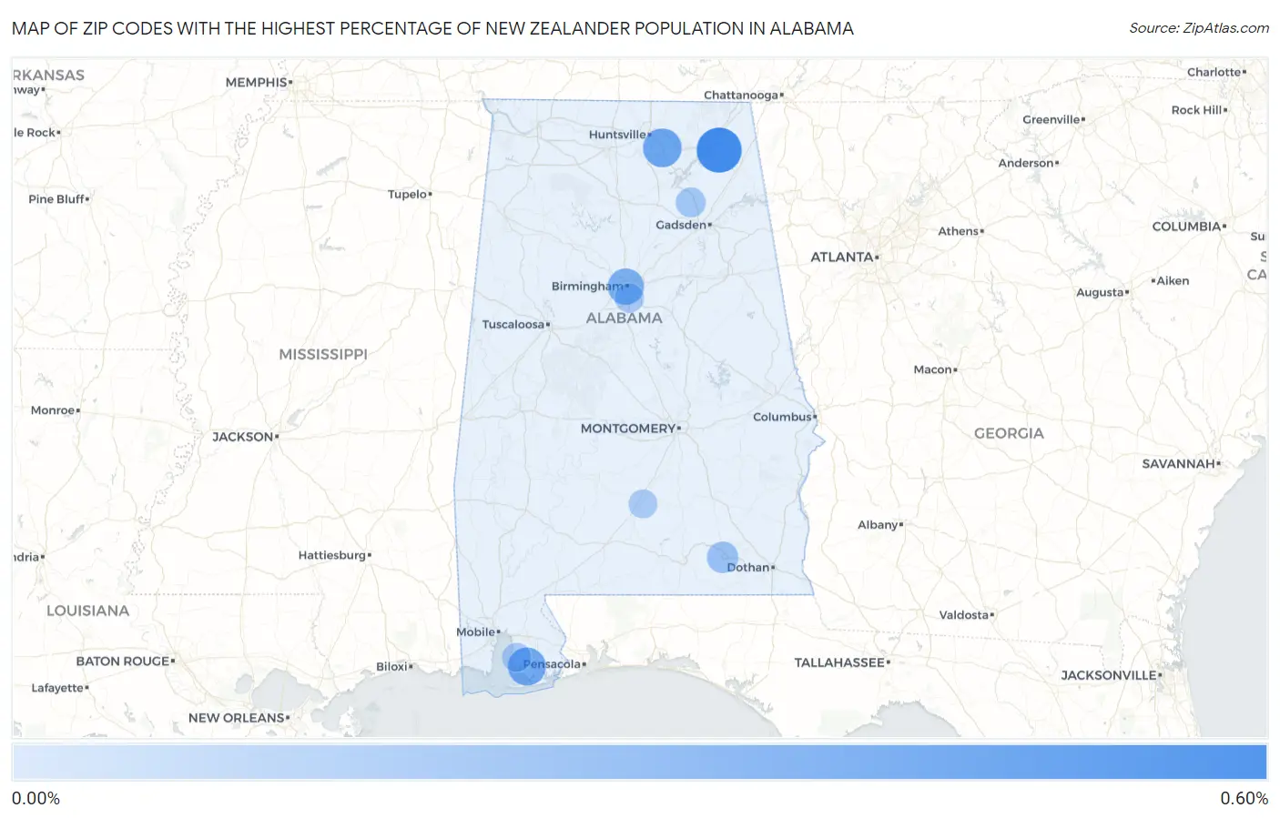 Zip Codes with the Highest Percentage of New Zealander Population in Alabama Map