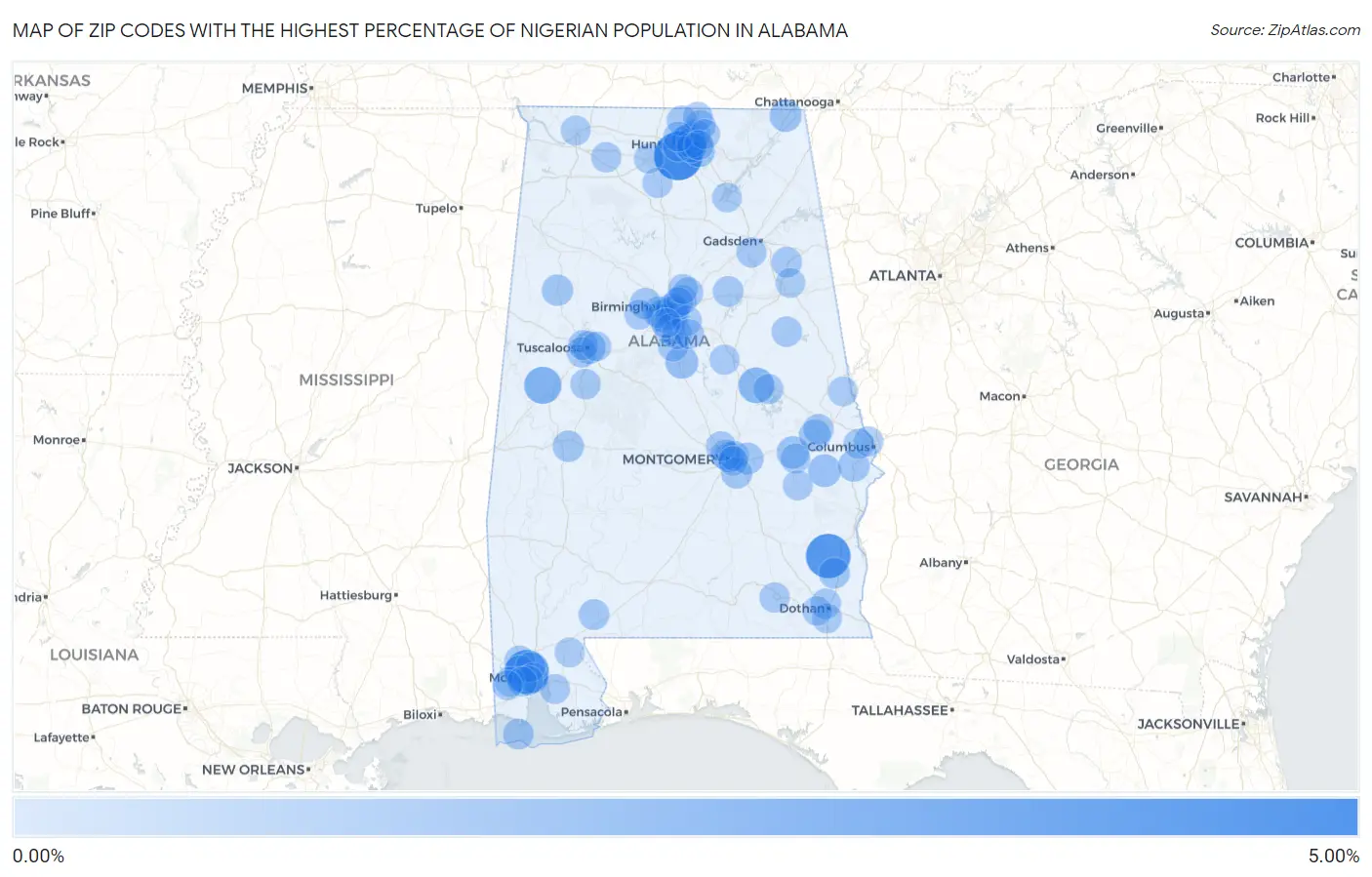 Zip Codes with the Highest Percentage of Nigerian Population in Alabama Map