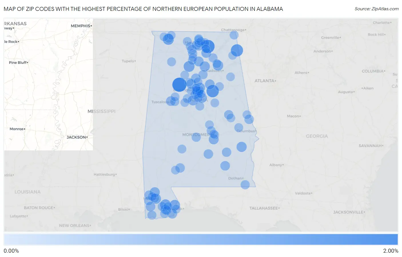 Zip Codes with the Highest Percentage of Northern European Population in Alabama Map