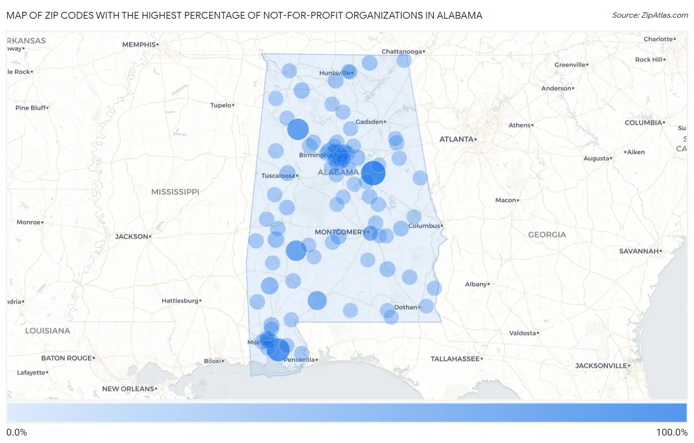 Zip Codes with the Highest Percentage of Not-for-profit Organizations in Alabama Map