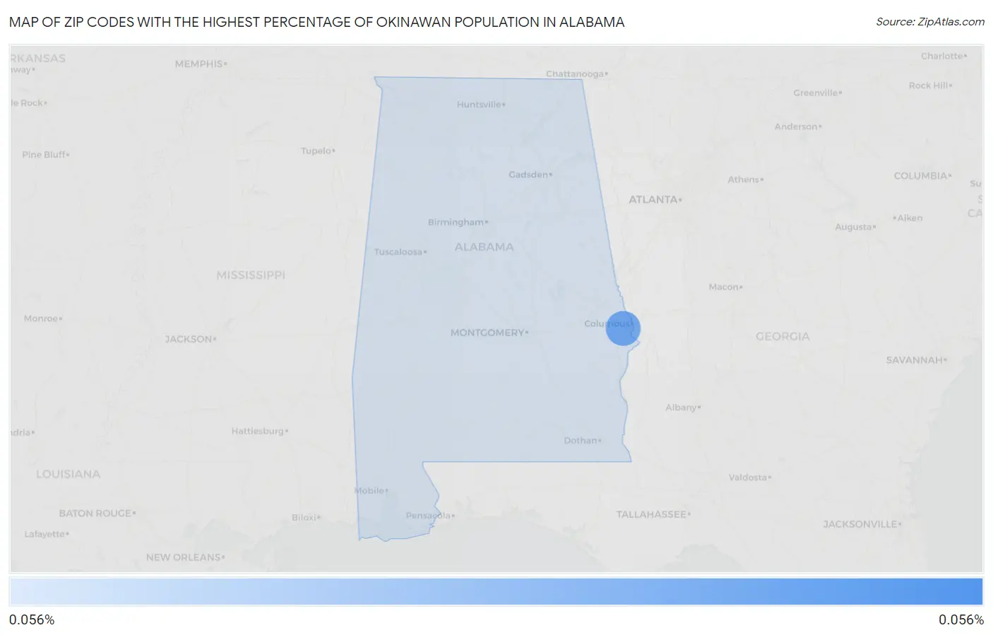 Zip Codes with the Highest Percentage of Okinawan Population in Alabama Map