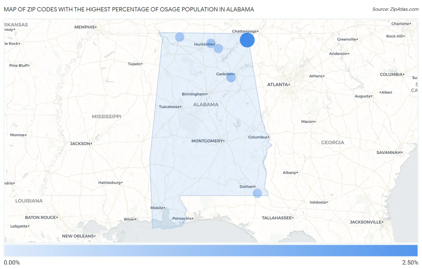 Zip Codes with the Highest Percentage of Osage Population in Alabama Map