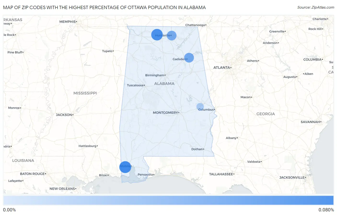Zip Codes with the Highest Percentage of Ottawa Population in Alabama Map