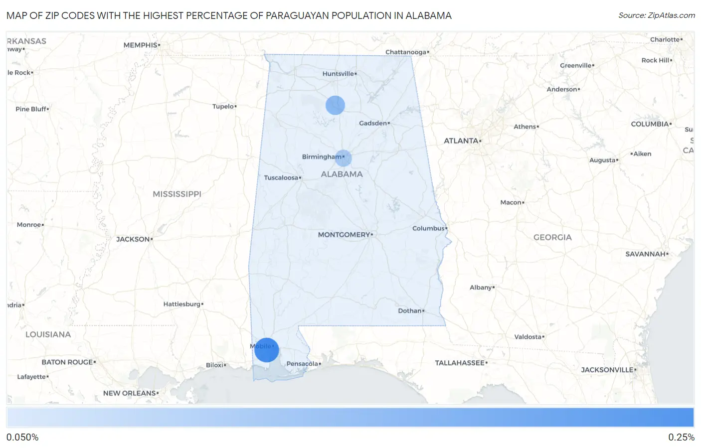 Zip Codes with the Highest Percentage of Paraguayan Population in Alabama Map