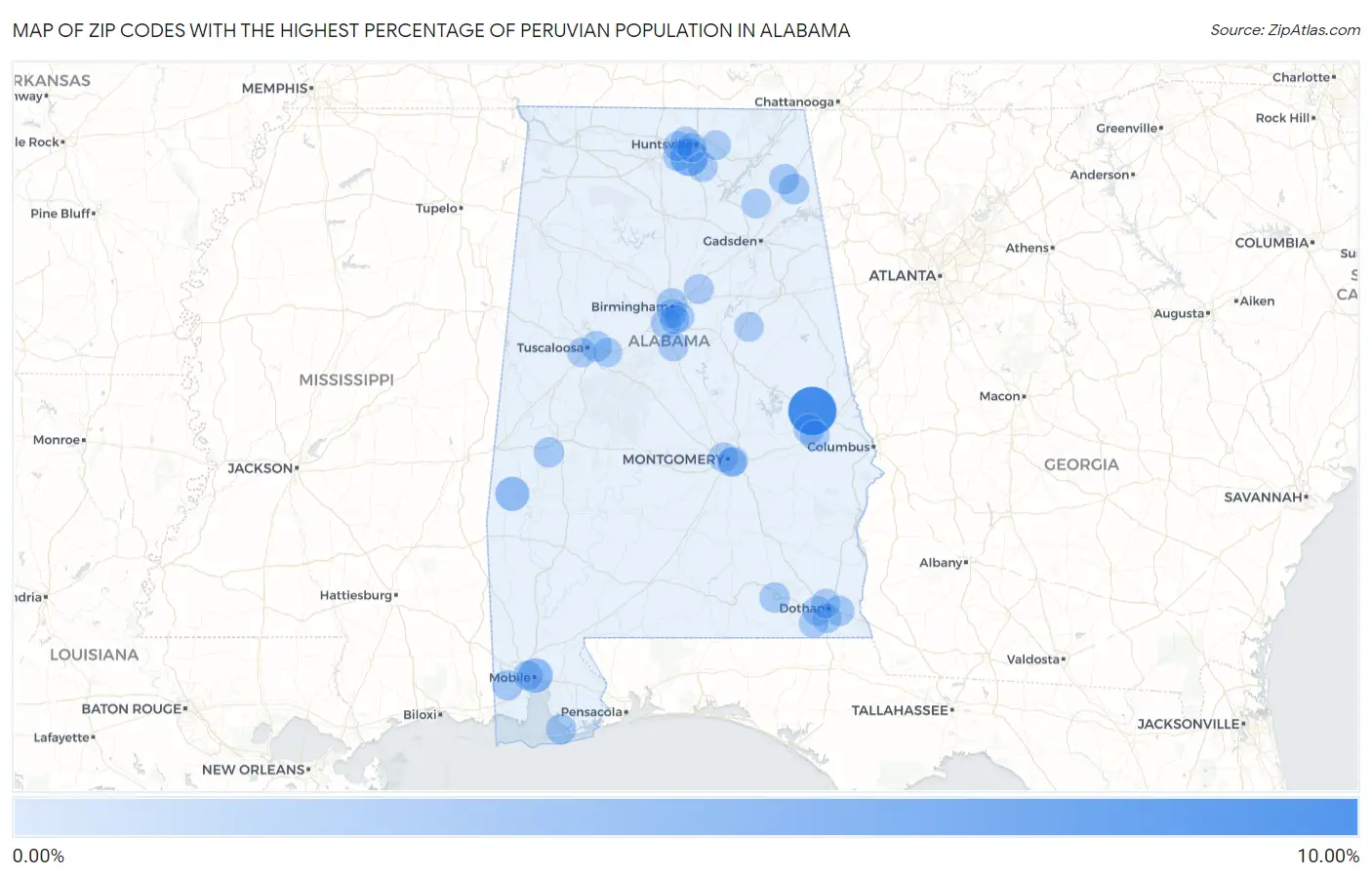Zip Codes with the Highest Percentage of Peruvian Population in Alabama Map