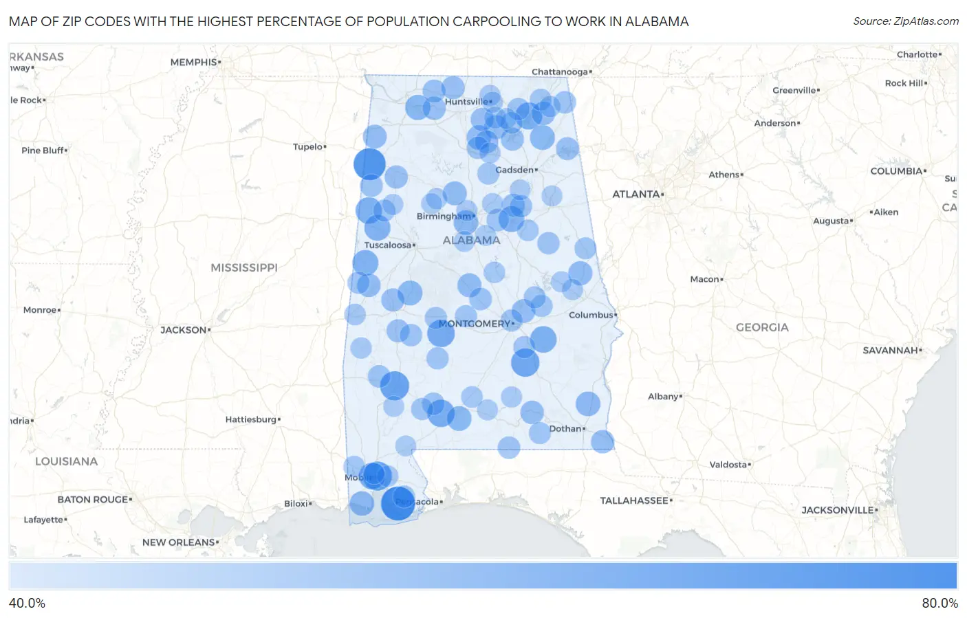 Zip Codes with the Highest Percentage of Population Carpooling to Work in Alabama Map