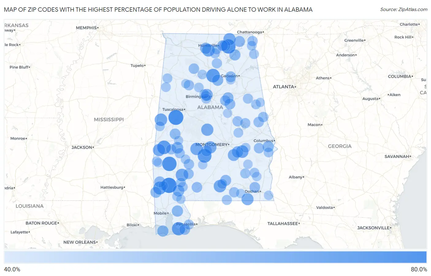 Zip Codes with the Highest Percentage of Population Driving Alone to Work in Alabama Map