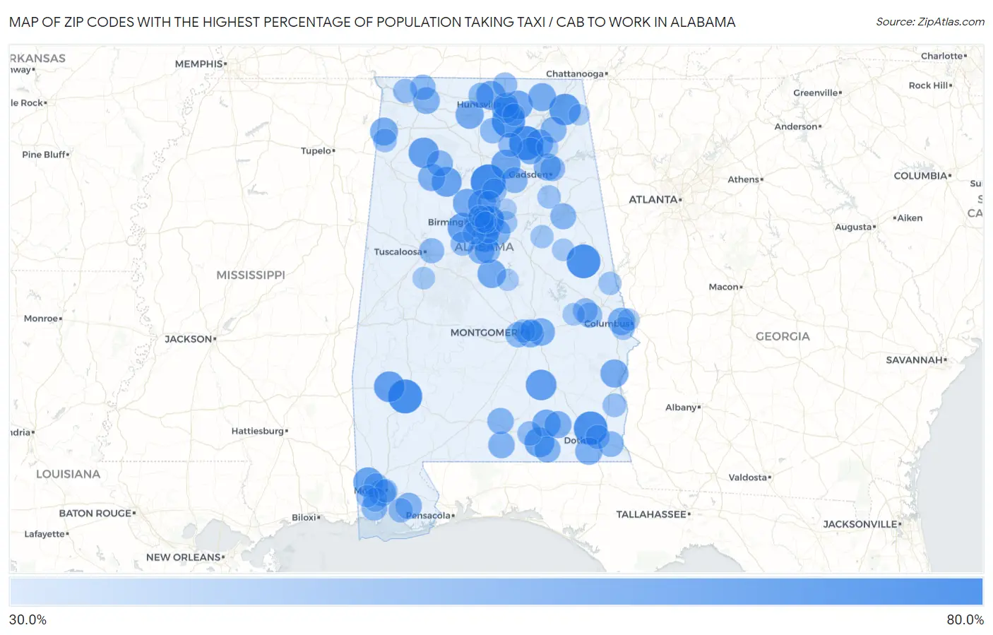 Zip Codes with the Highest Percentage of Population Taking Taxi / Cab to Work in Alabama Map