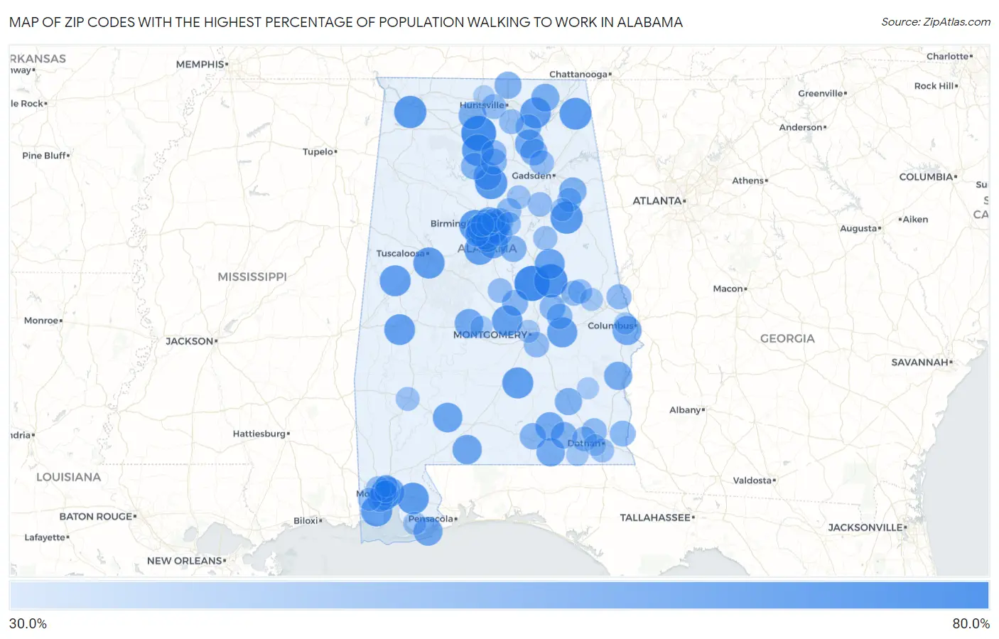 Zip Codes with the Highest Percentage of Population Walking to Work in Alabama Map
