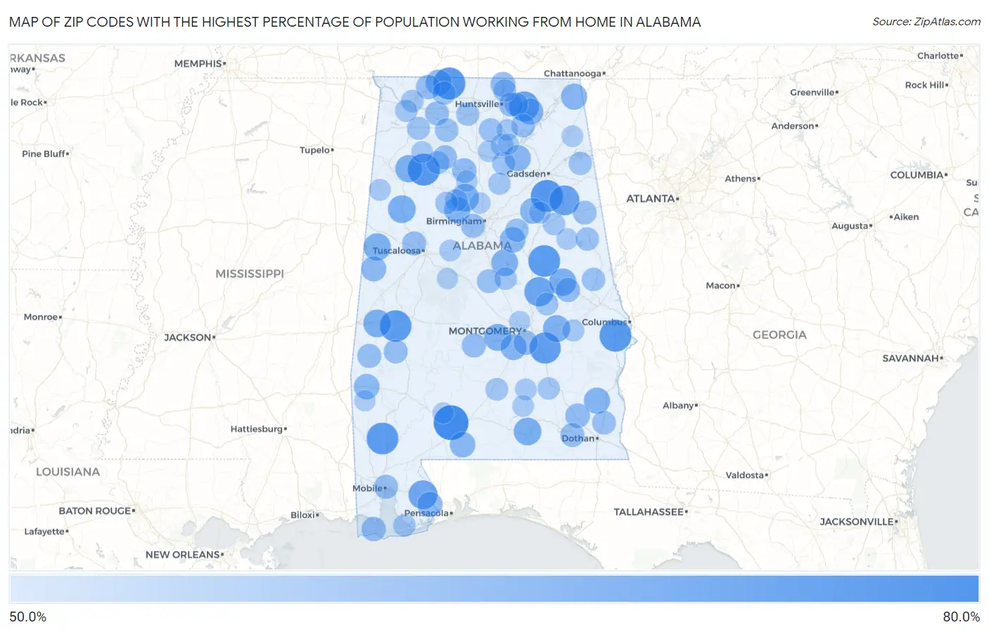 Zip Codes with the Highest Percentage of Population Working from Home in Alabama Map