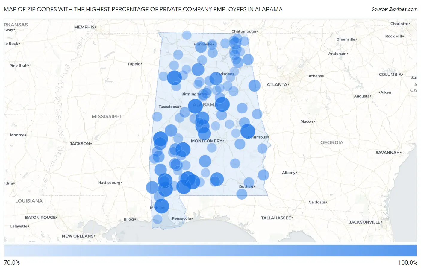 Zip Codes with the Highest Percentage of Private Company Employees in Alabama Map