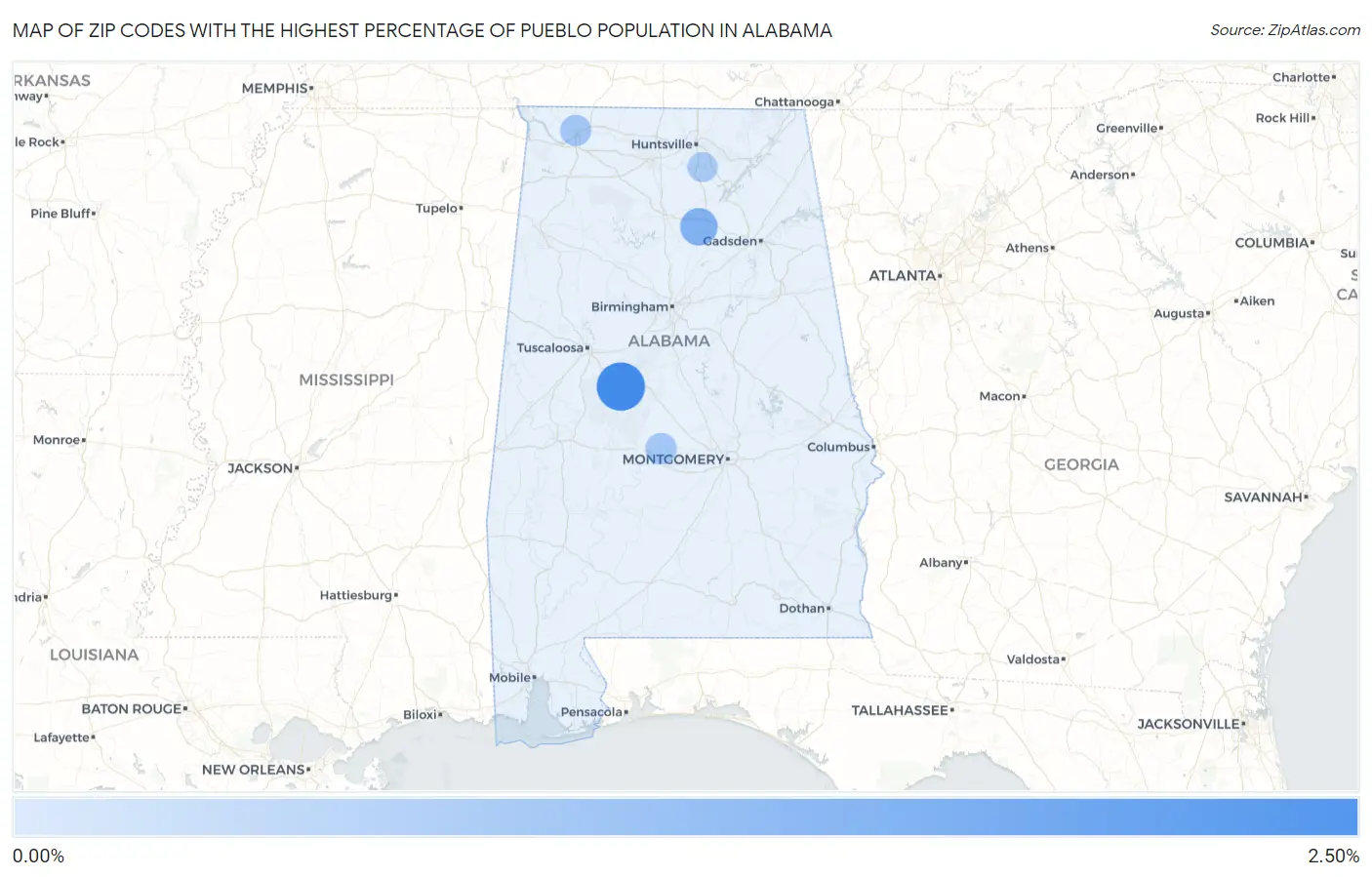 Zip Codes with the Highest Percentage of Pueblo Population in Alabama Map