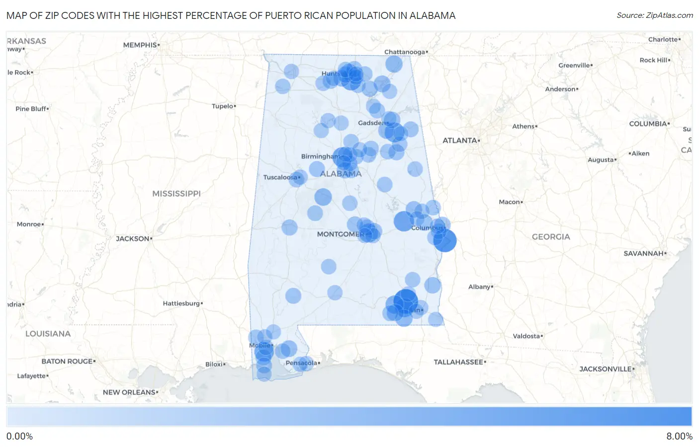 Zip Codes with the Highest Percentage of Puerto Rican Population in Alabama Map