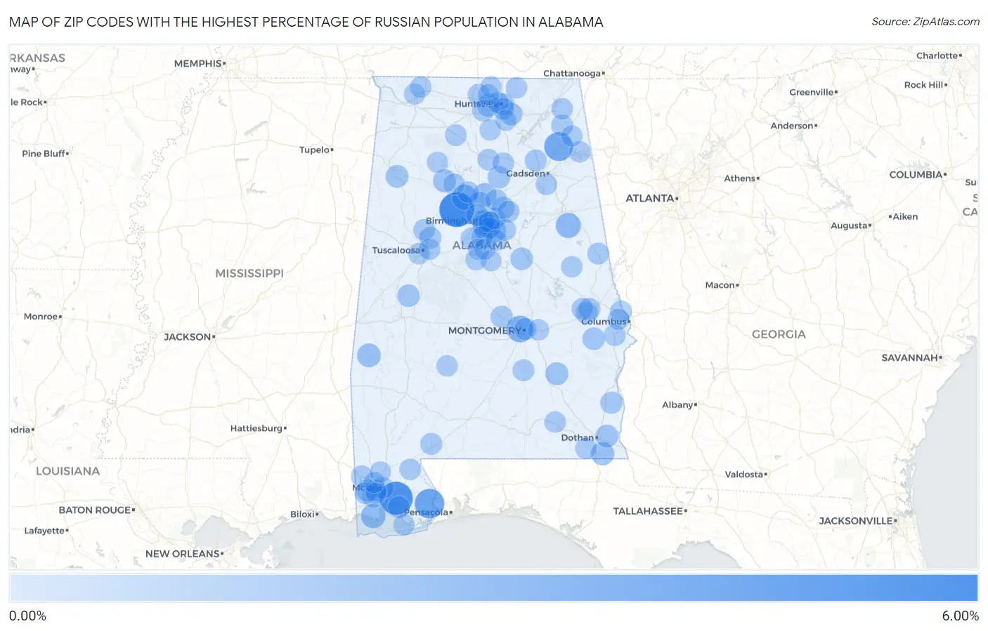 Zip Codes with the Highest Percentage of Russian Population in Alabama Map