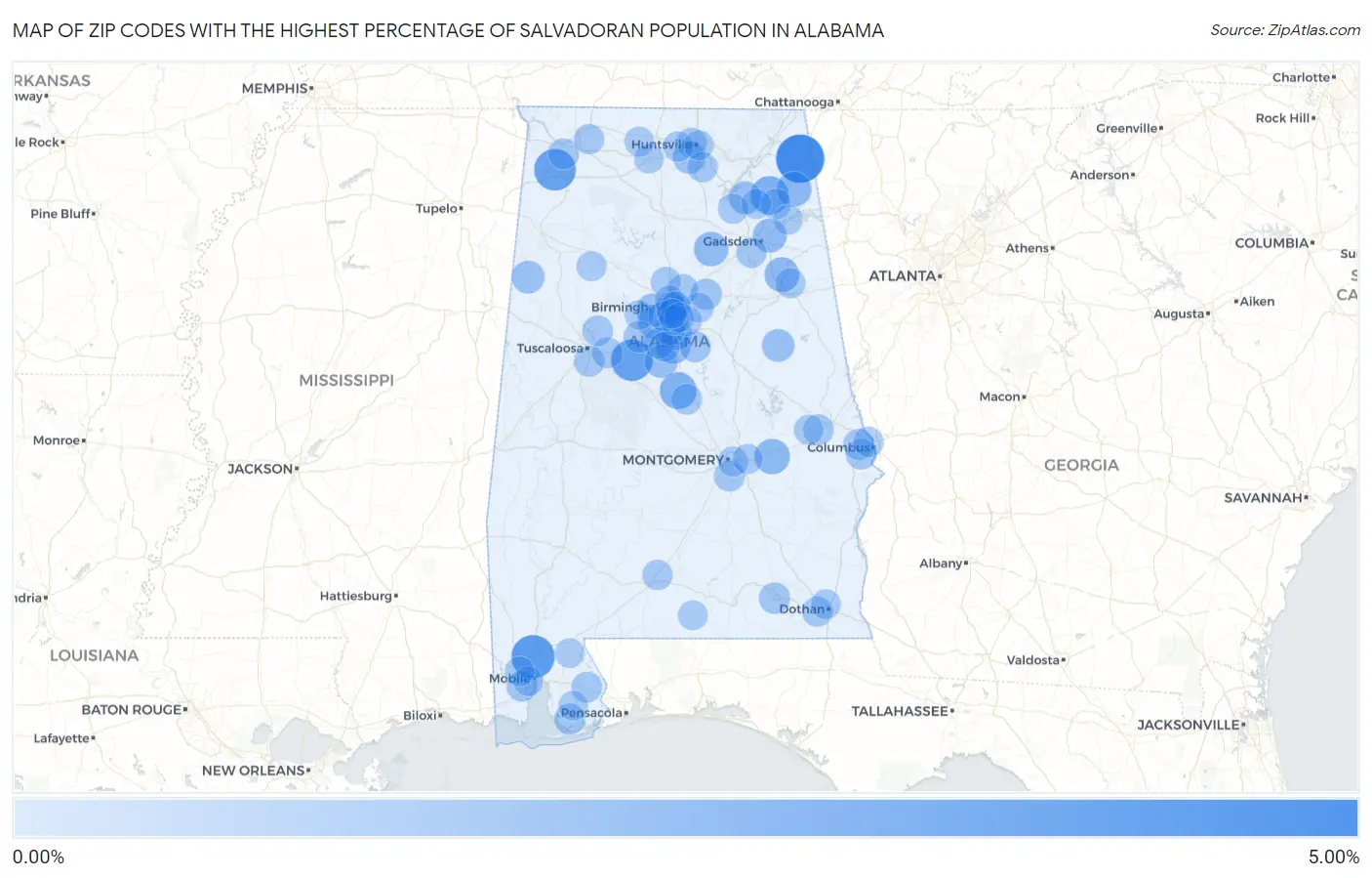 Zip Codes with the Highest Percentage of Salvadoran Population in Alabama Map