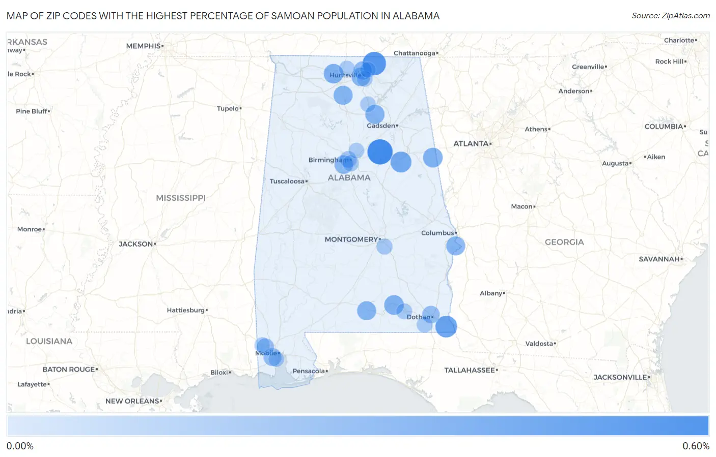 Zip Codes with the Highest Percentage of Samoan Population in Alabama Map