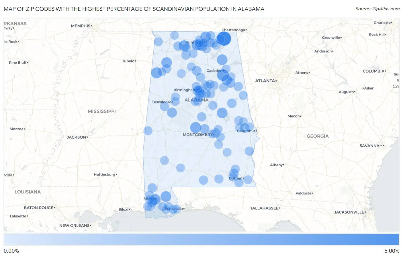 Zip Codes with the Highest Percentage of Scandinavian Population in Alabama Map