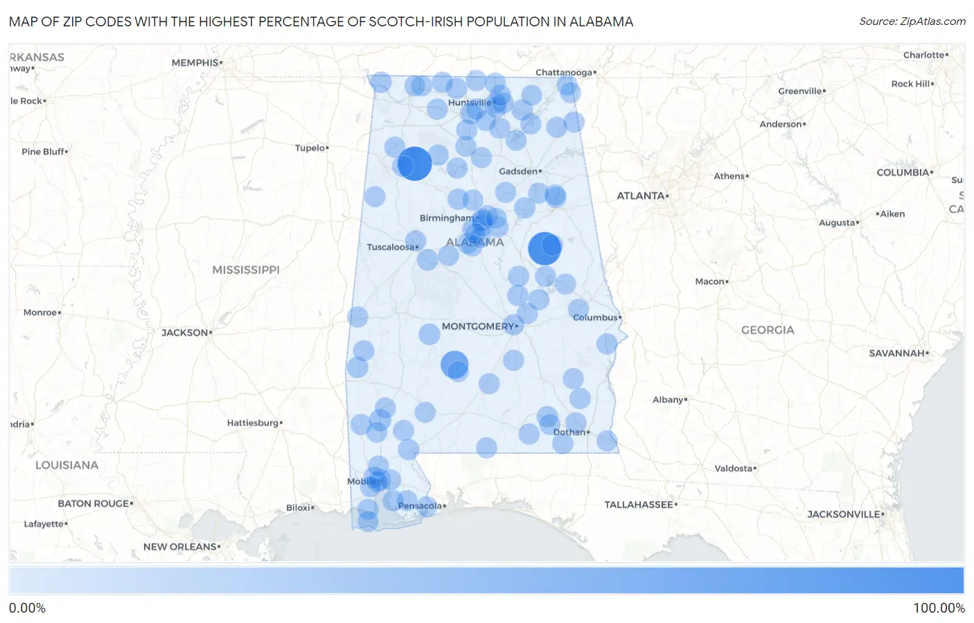Zip Codes with the Highest Percentage of Scotch-Irish Population in Alabama Map