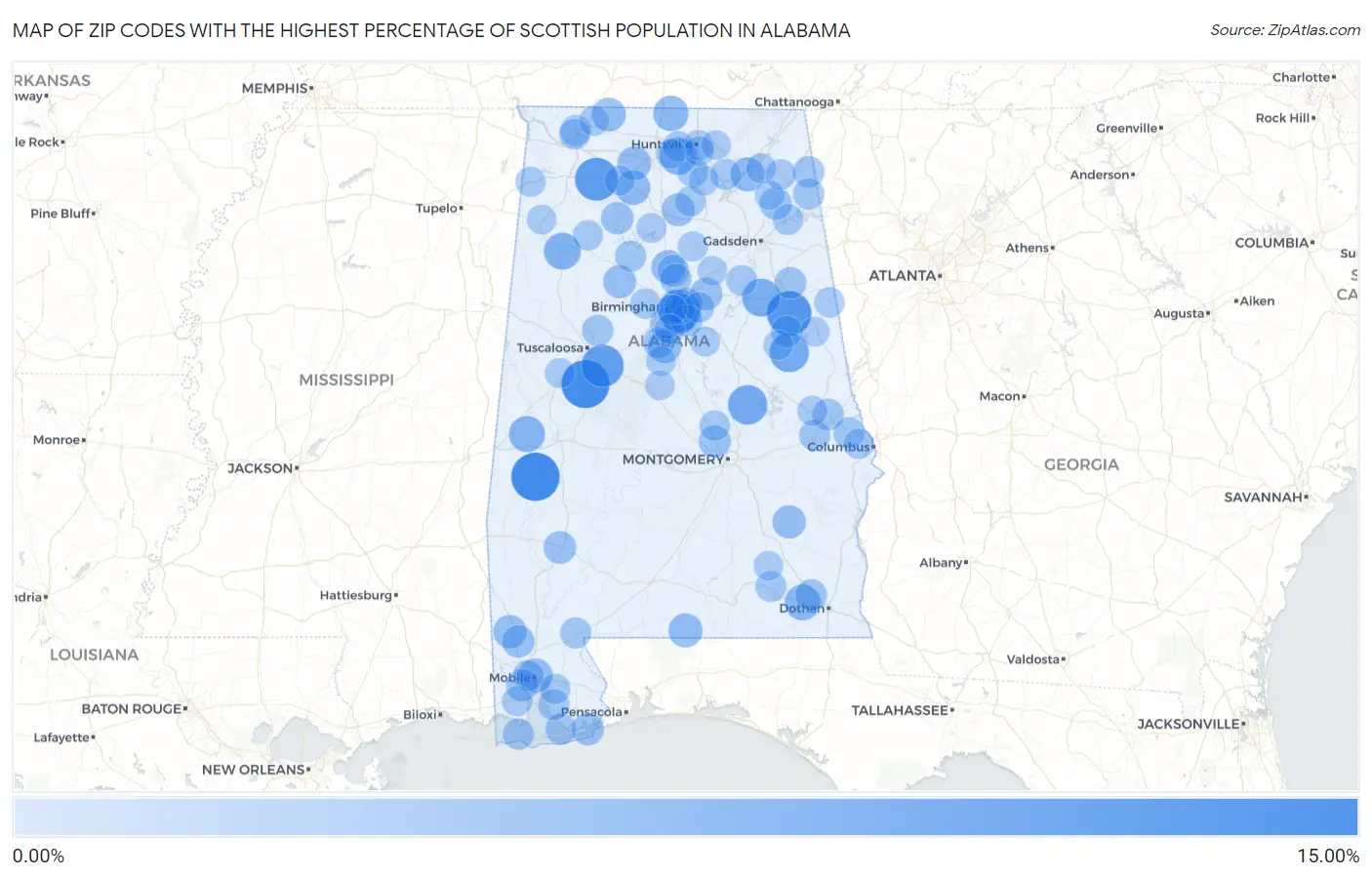 Zip Codes with the Highest Percentage of Scottish Population in Alabama Map