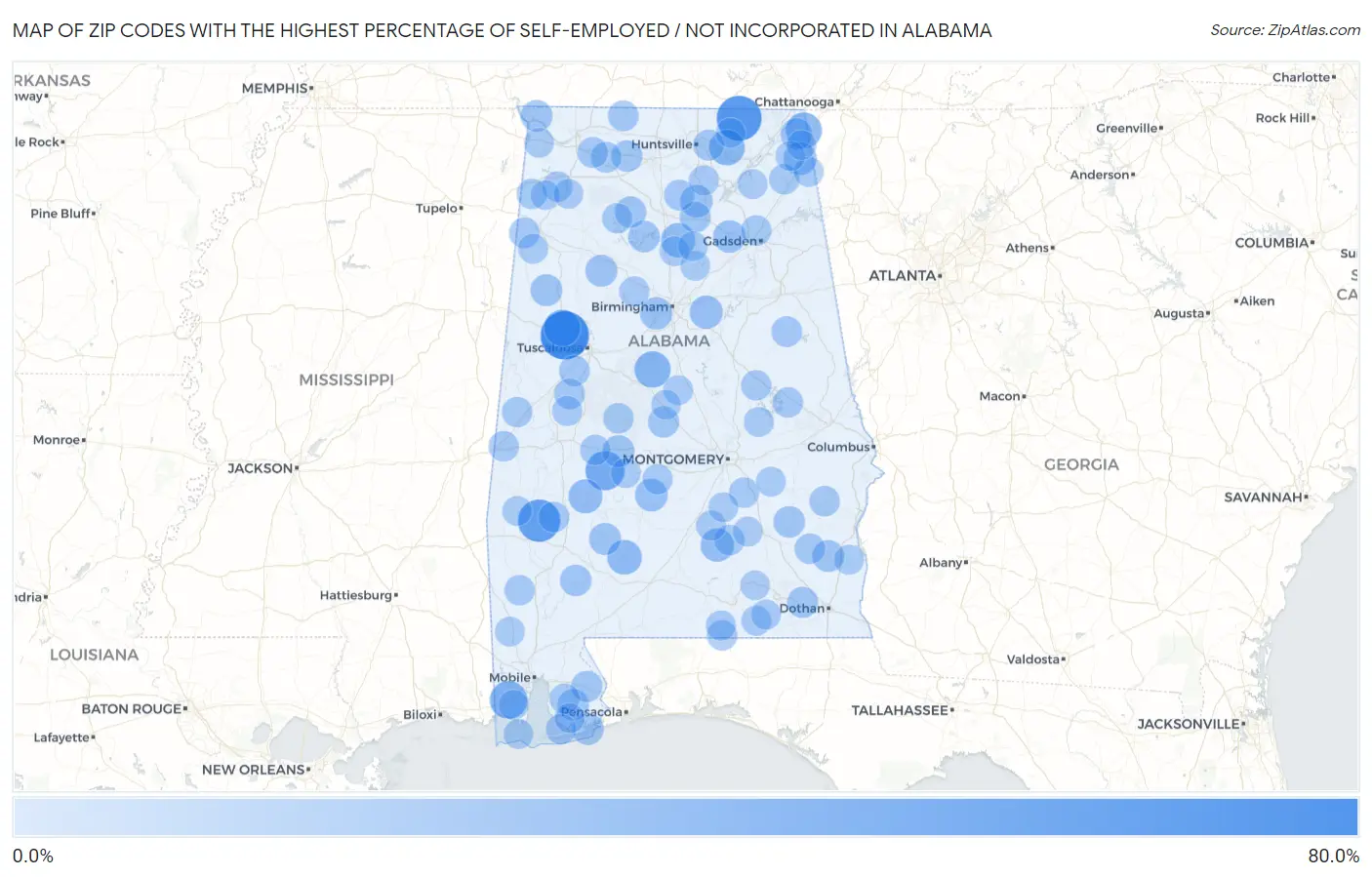 Zip Codes with the Highest Percentage of Self-Employed / Not Incorporated in Alabama Map