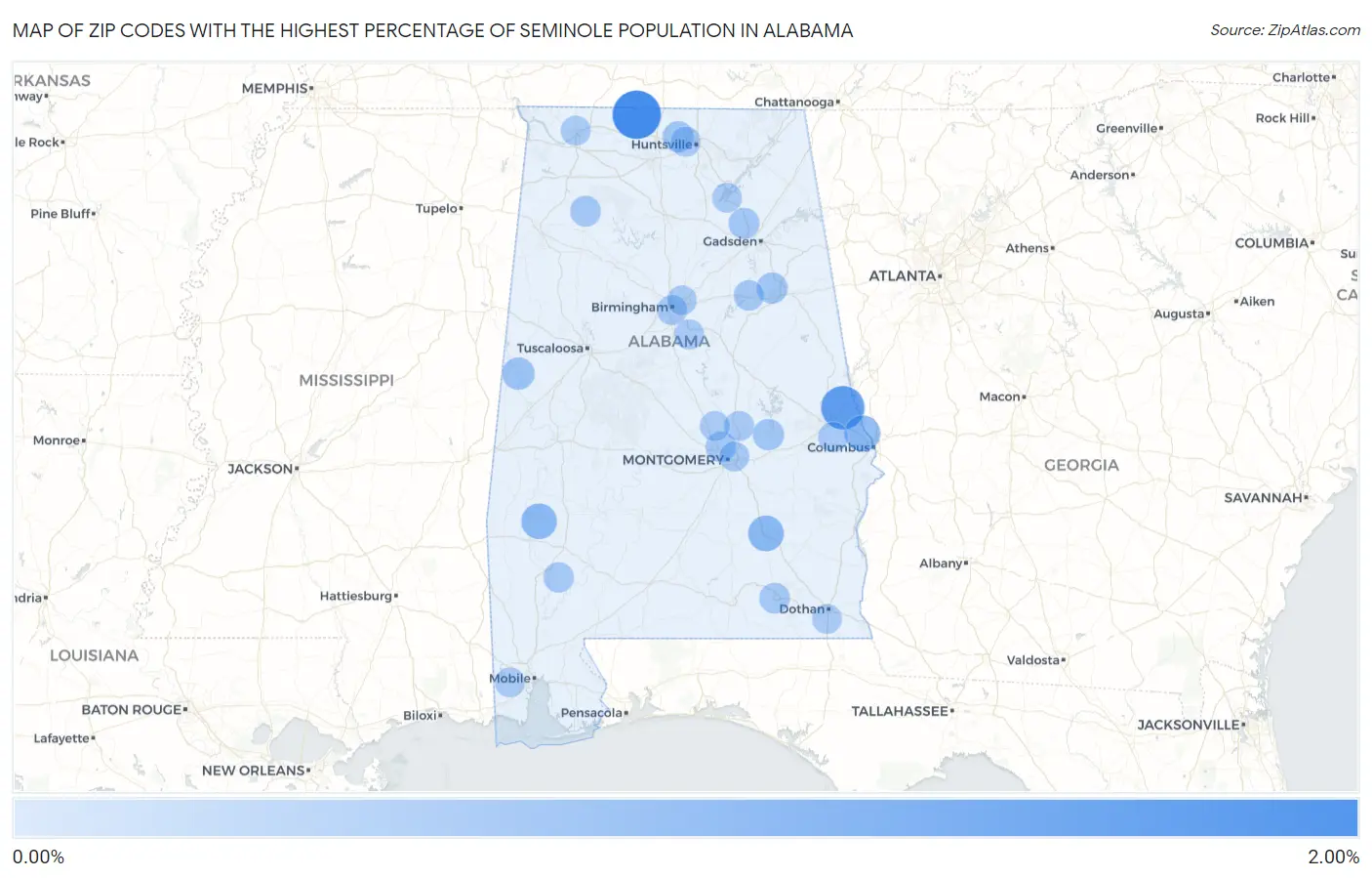 Zip Codes with the Highest Percentage of Seminole Population in Alabama Map