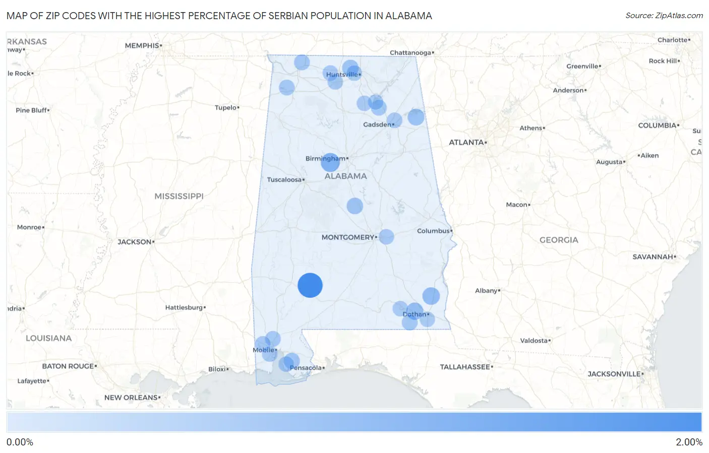 Zip Codes with the Highest Percentage of Serbian Population in Alabama Map