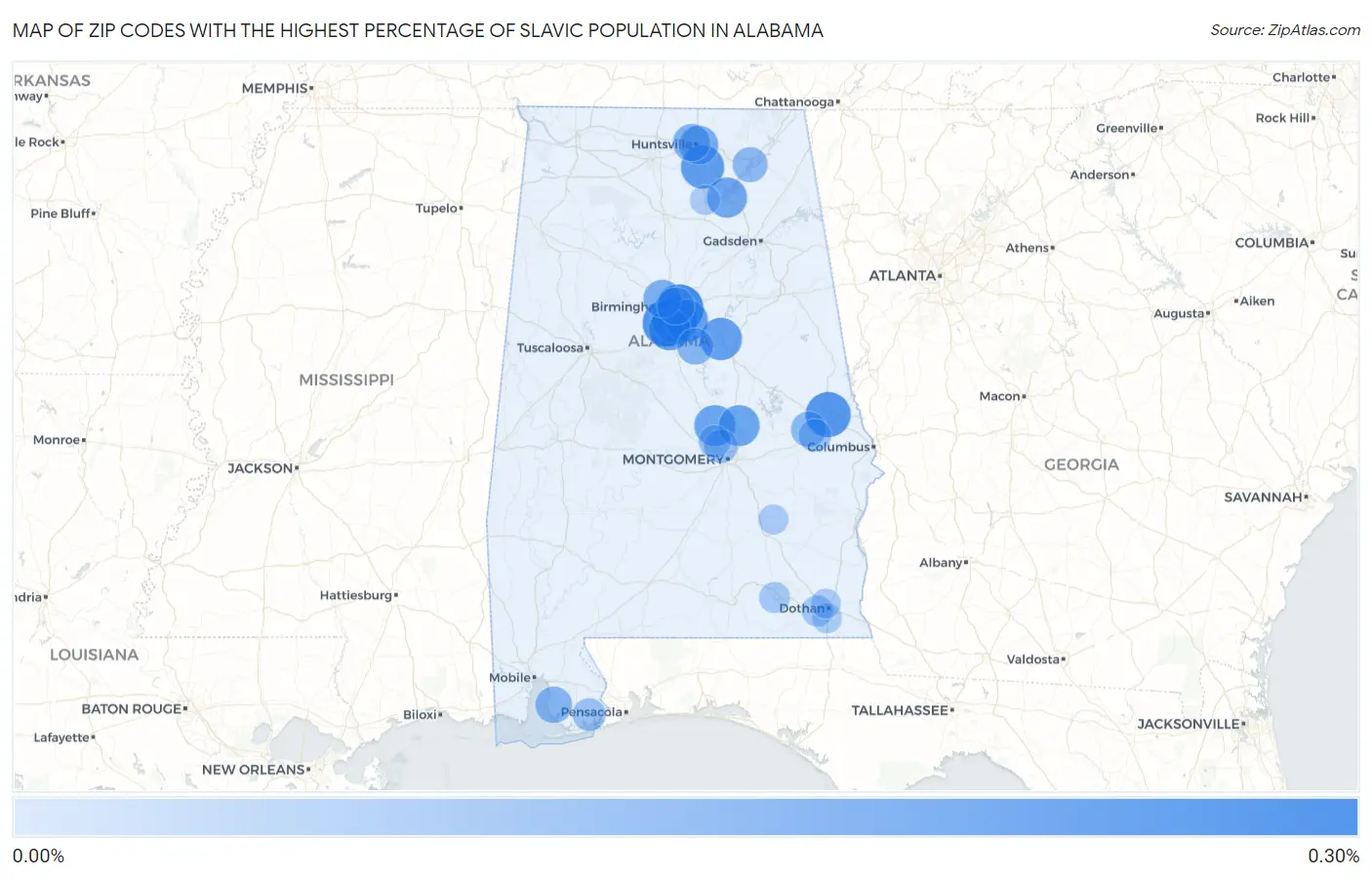 Zip Codes with the Highest Percentage of Slavic Population in Alabama Map