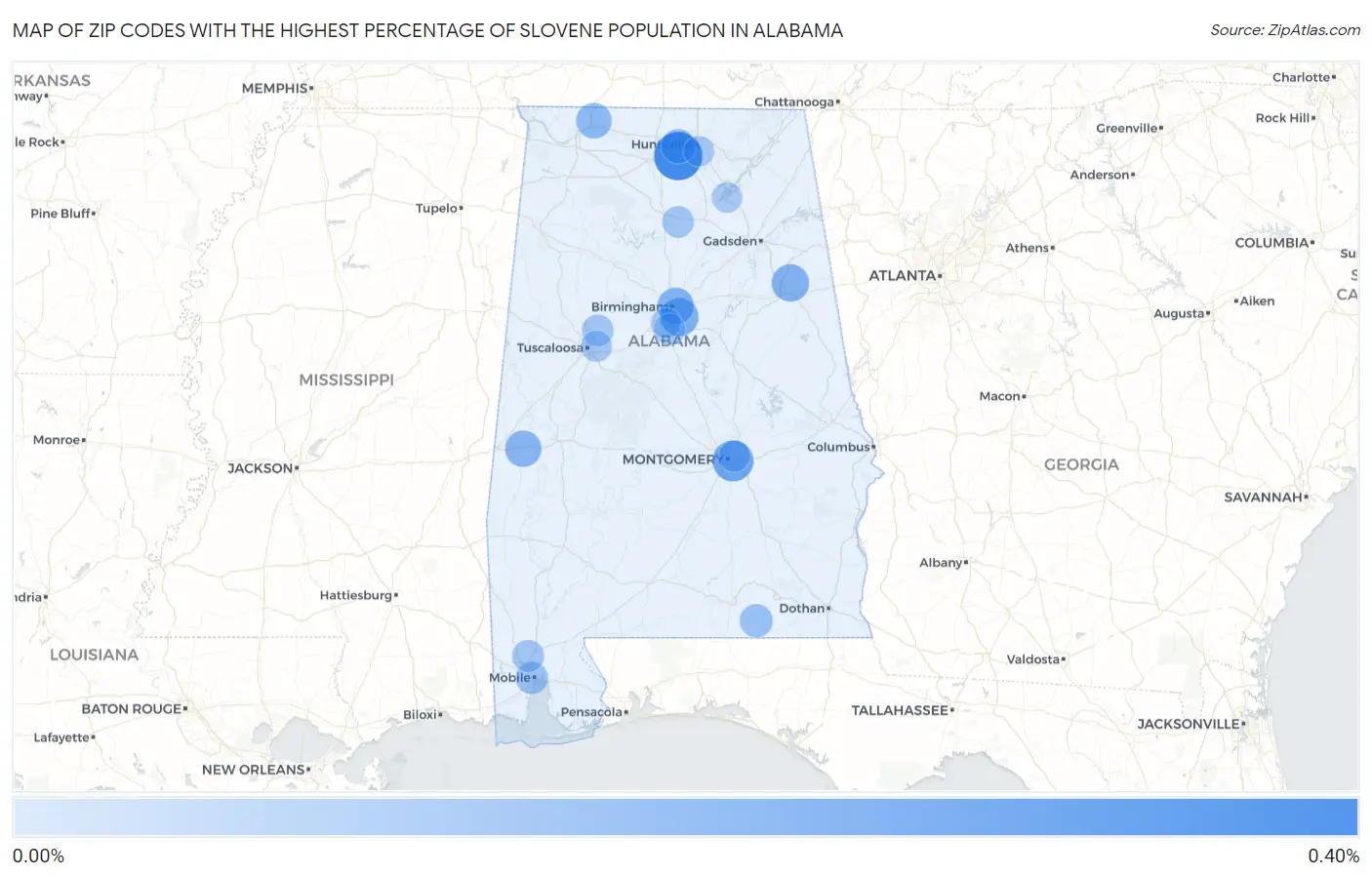 Zip Codes with the Highest Percentage of Slovene Population in Alabama Map