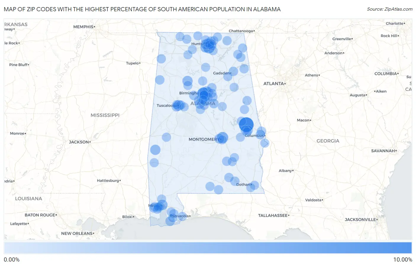 Zip Codes with the Highest Percentage of South American Population in Alabama Map