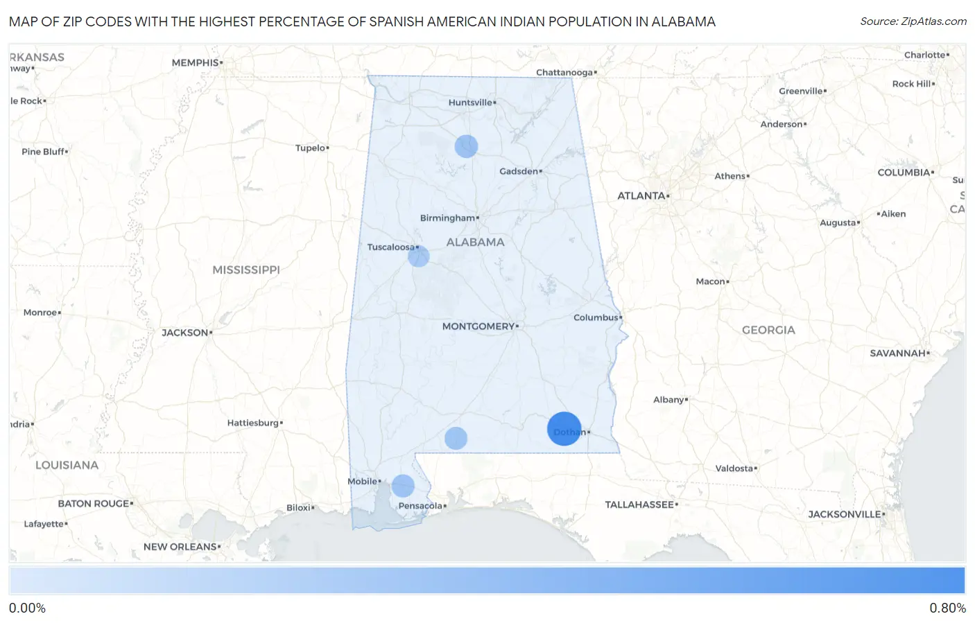 Zip Codes with the Highest Percentage of Spanish American Indian Population in Alabama Map