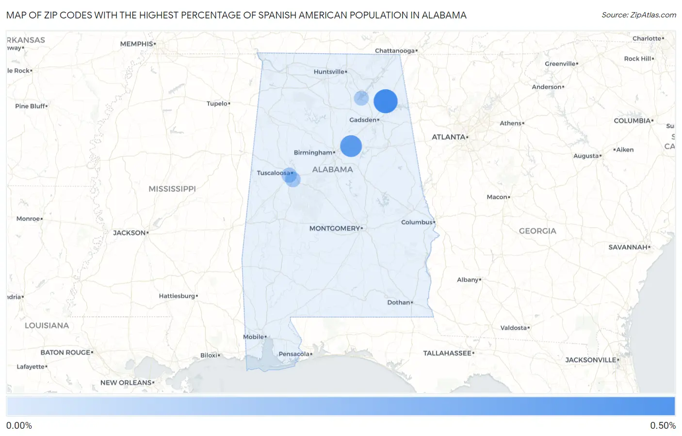 Zip Codes with the Highest Percentage of Spanish American Population in Alabama Map