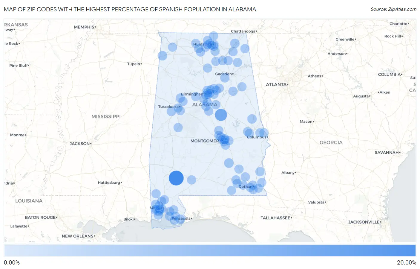 Zip Codes with the Highest Percentage of Spanish Population in Alabama Map