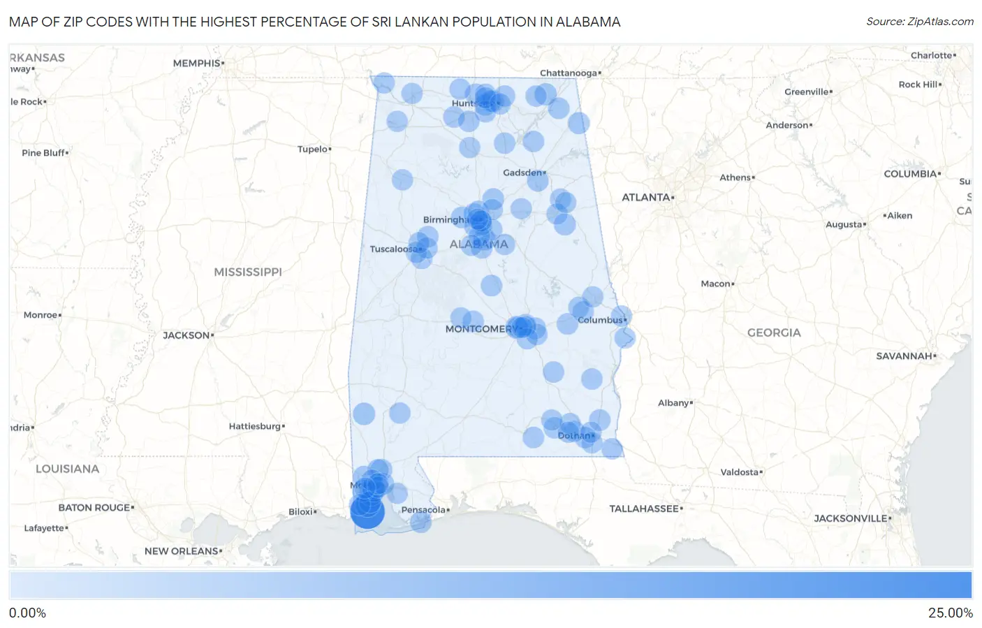 Zip Codes with the Highest Percentage of Sri Lankan Population in Alabama Map
