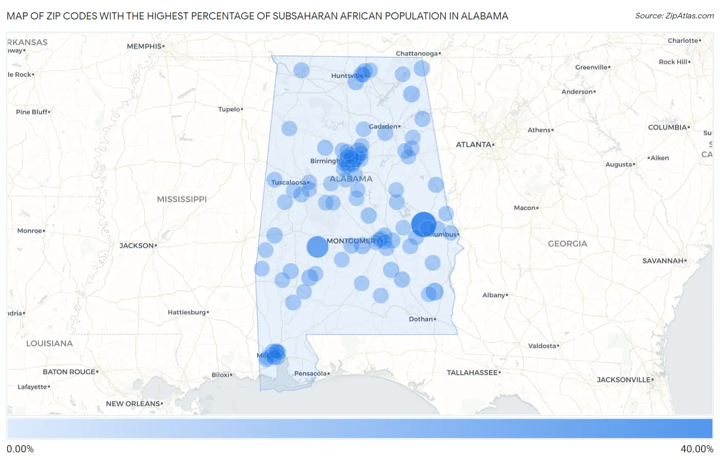 Zip Codes with the Highest Percentage of Subsaharan African Population in Alabama Map