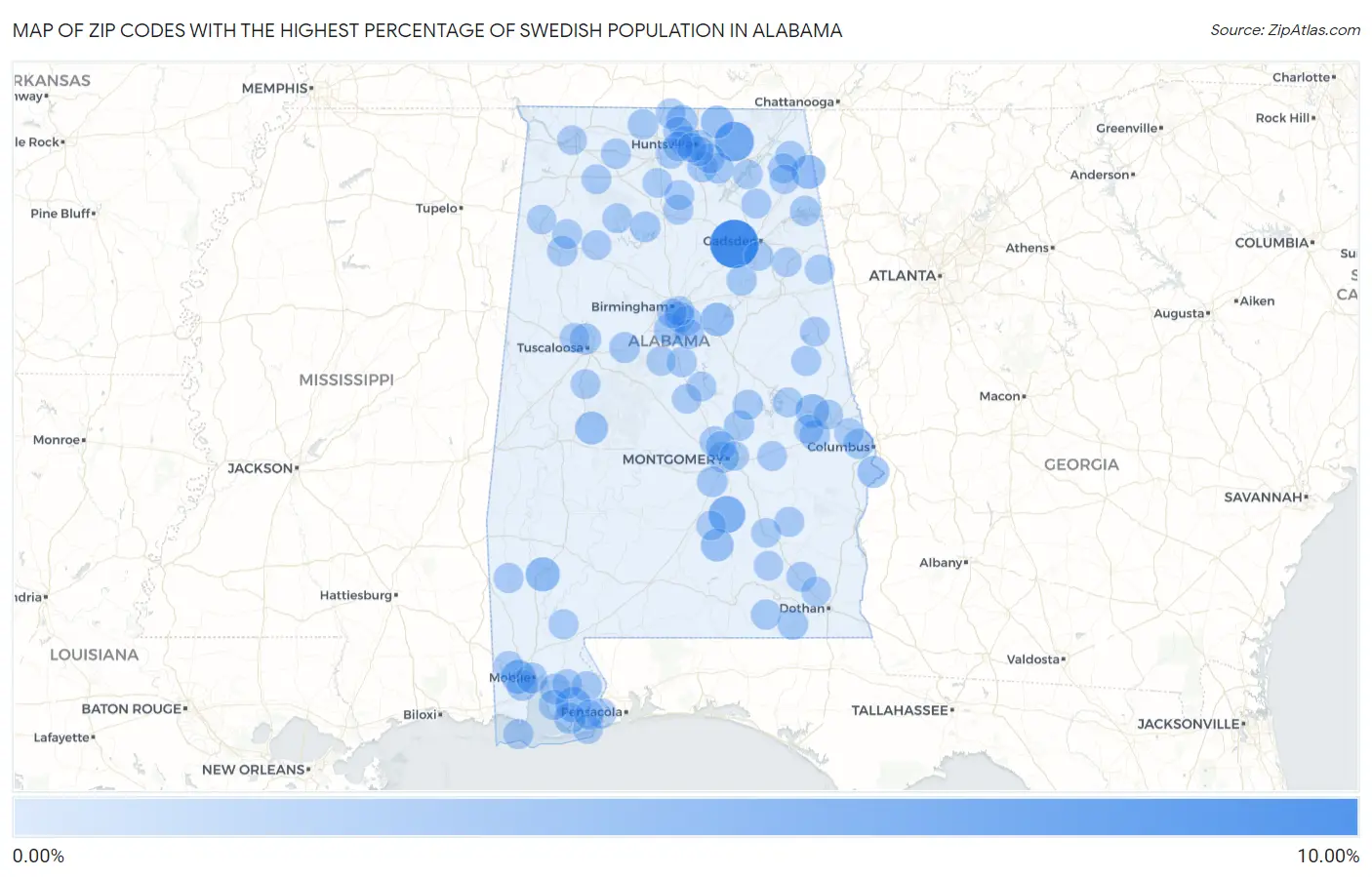 Zip Codes with the Highest Percentage of Swedish Population in Alabama Map
