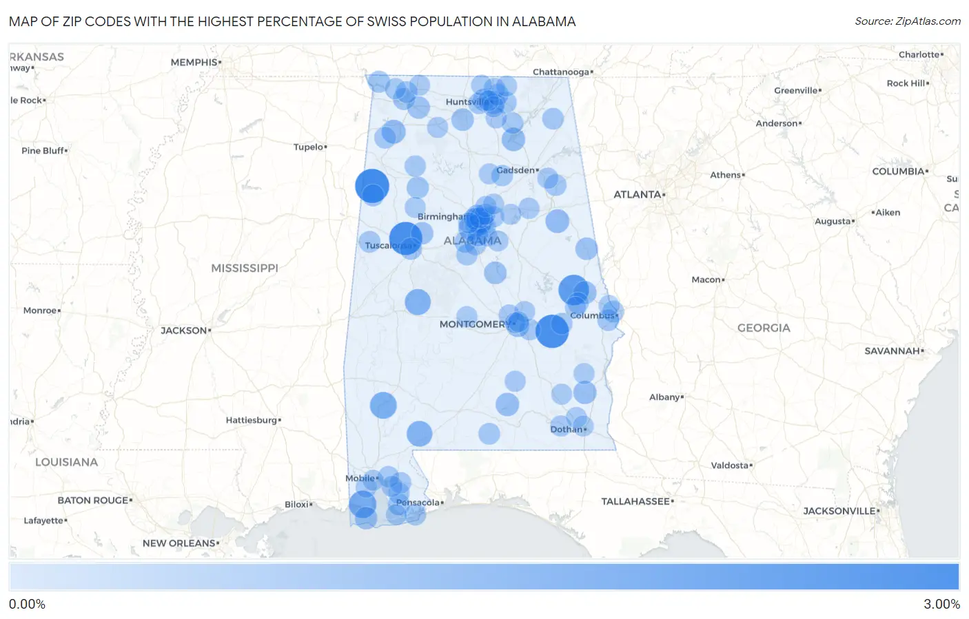 Zip Codes with the Highest Percentage of Swiss Population in Alabama Map
