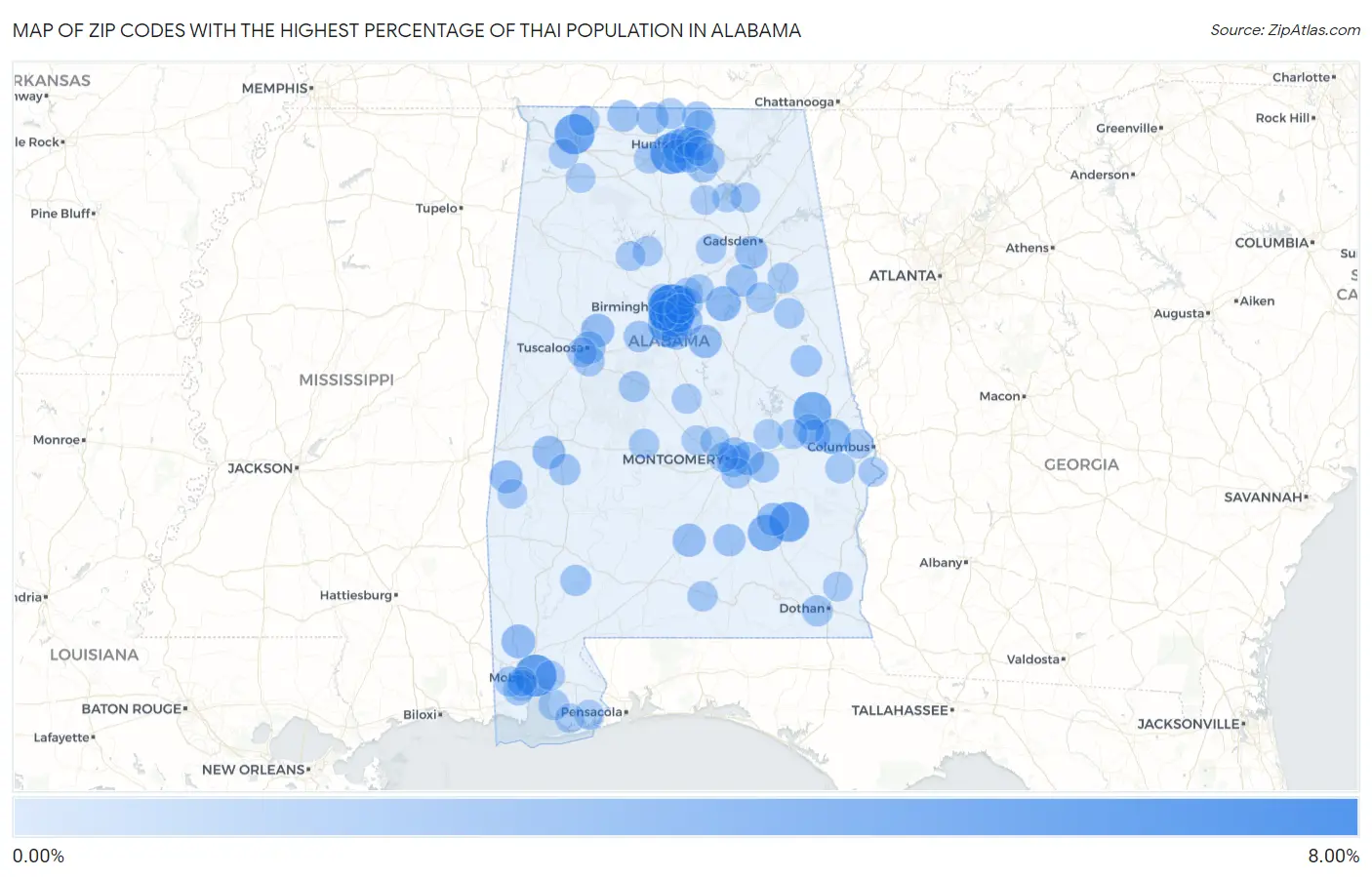 Zip Codes with the Highest Percentage of Thai Population in Alabama Map