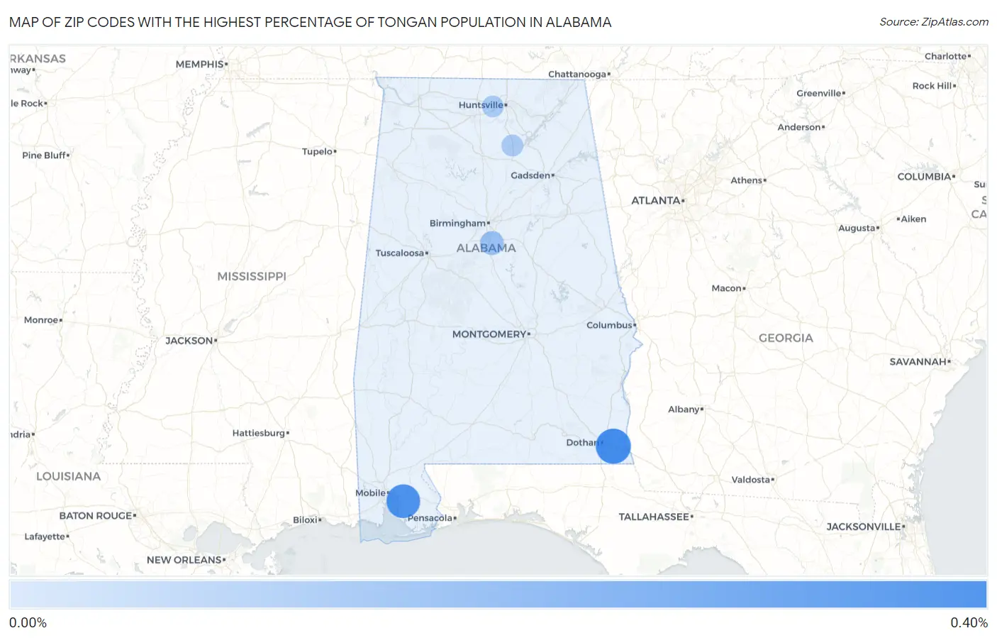 Zip Codes with the Highest Percentage of Tongan Population in Alabama Map