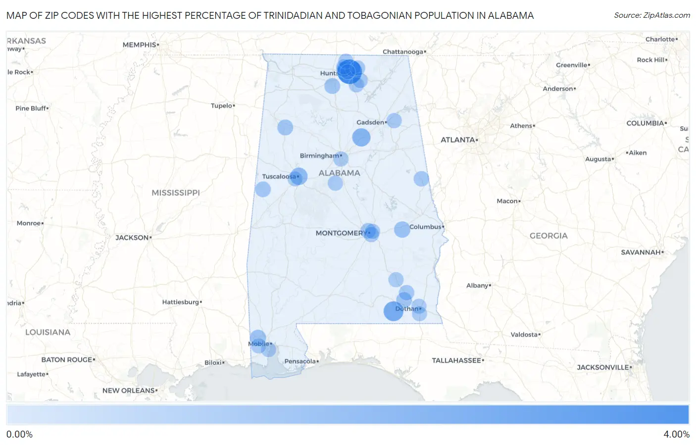 Zip Codes with the Highest Percentage of Trinidadian and Tobagonian Population in Alabama Map