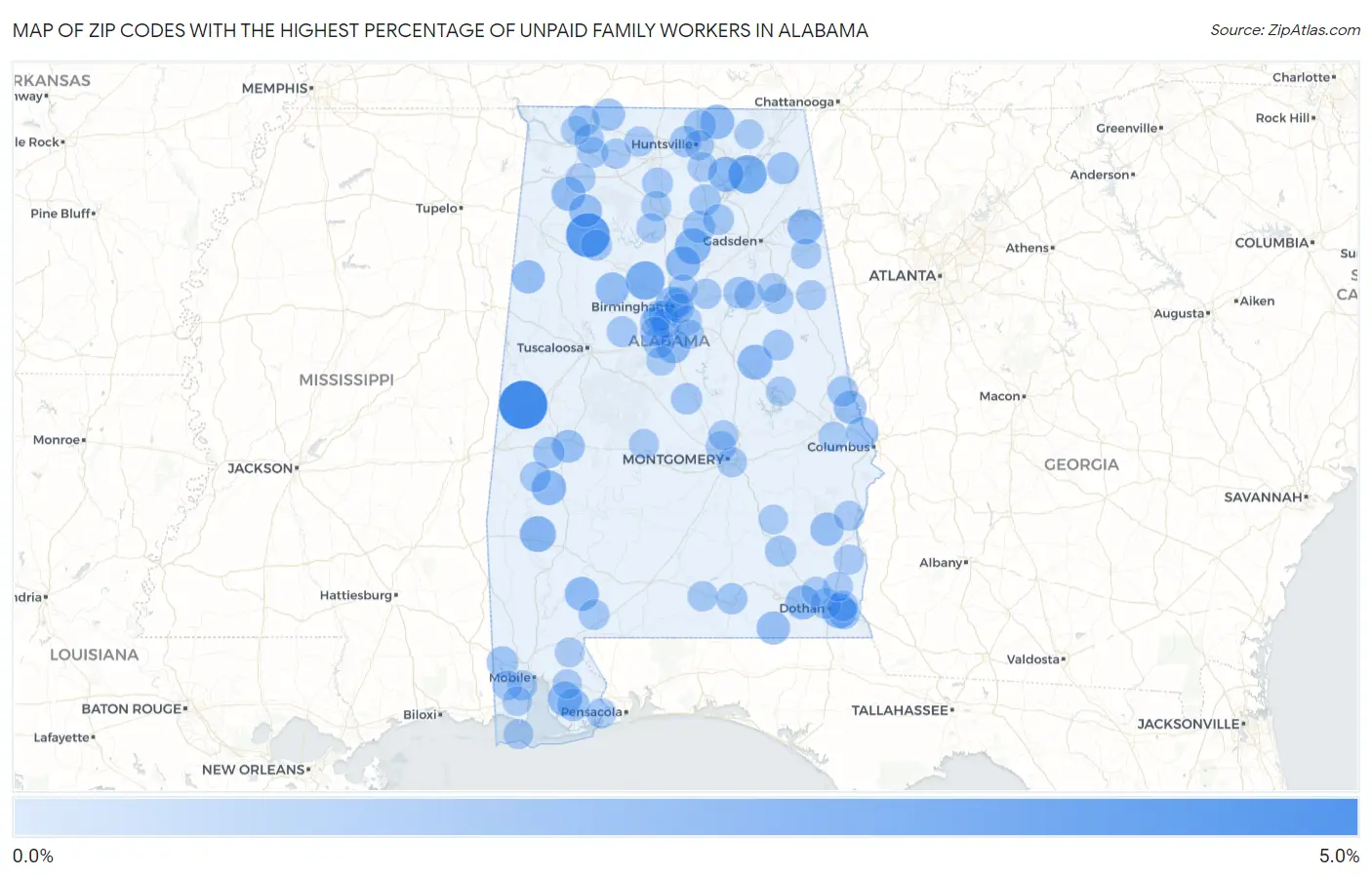 Zip Codes with the Highest Percentage of Unpaid Family Workers in Alabama Map