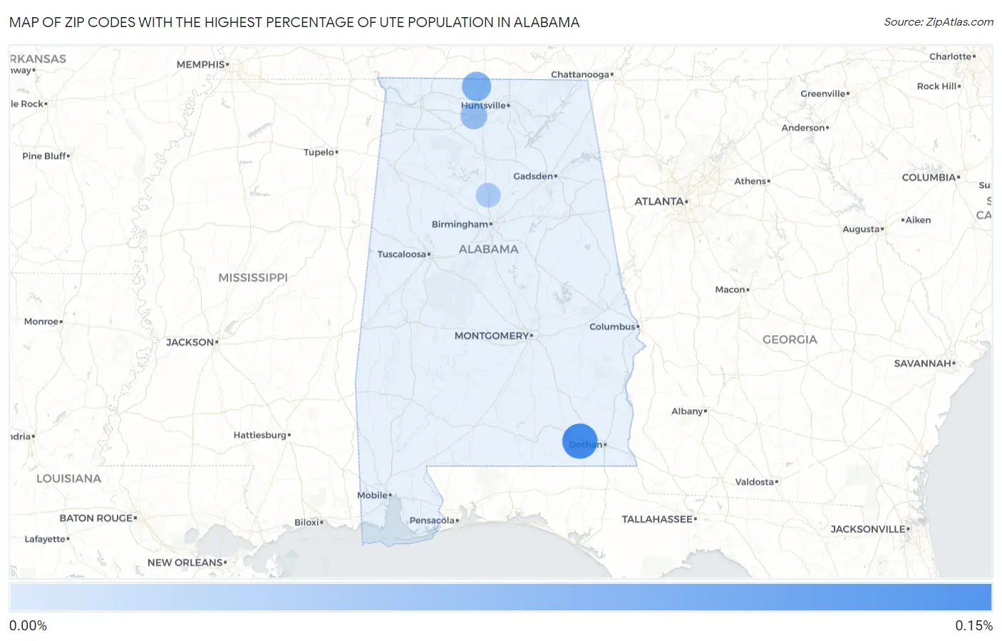 Zip Codes with the Highest Percentage of Ute Population in Alabama Map