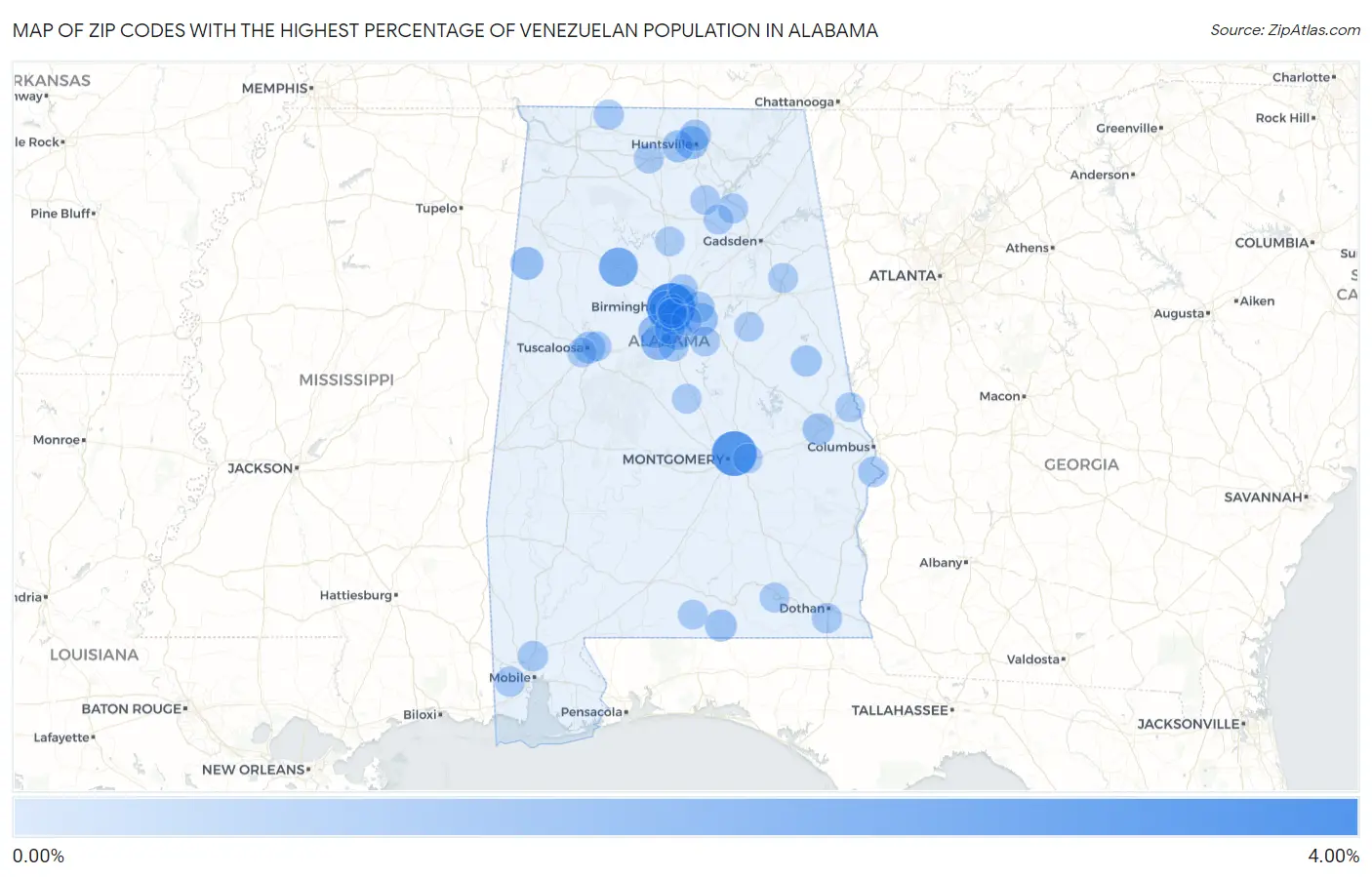 Zip Codes with the Highest Percentage of Venezuelan Population in Alabama Map