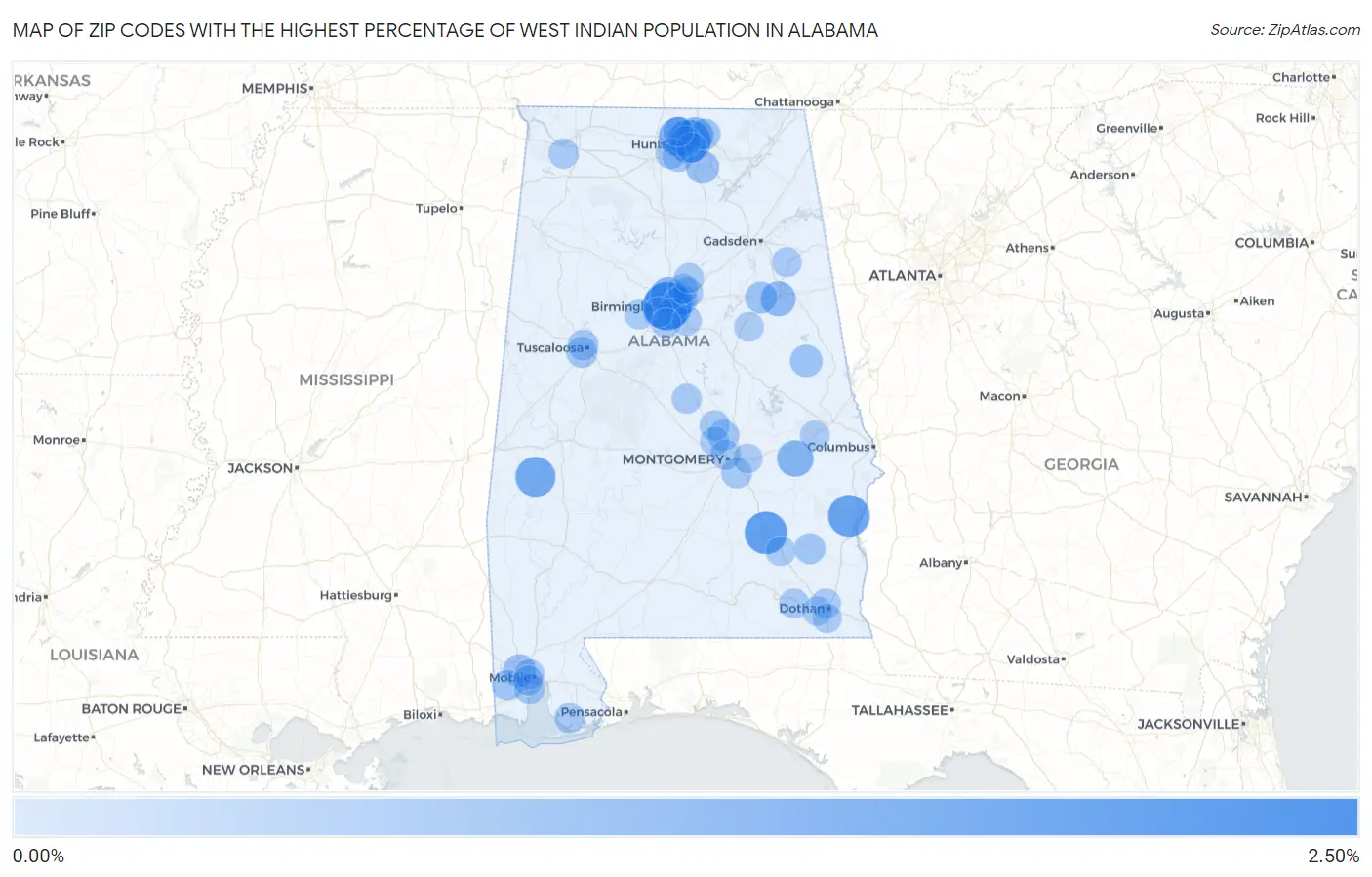 Zip Codes with the Highest Percentage of West Indian Population in Alabama Map