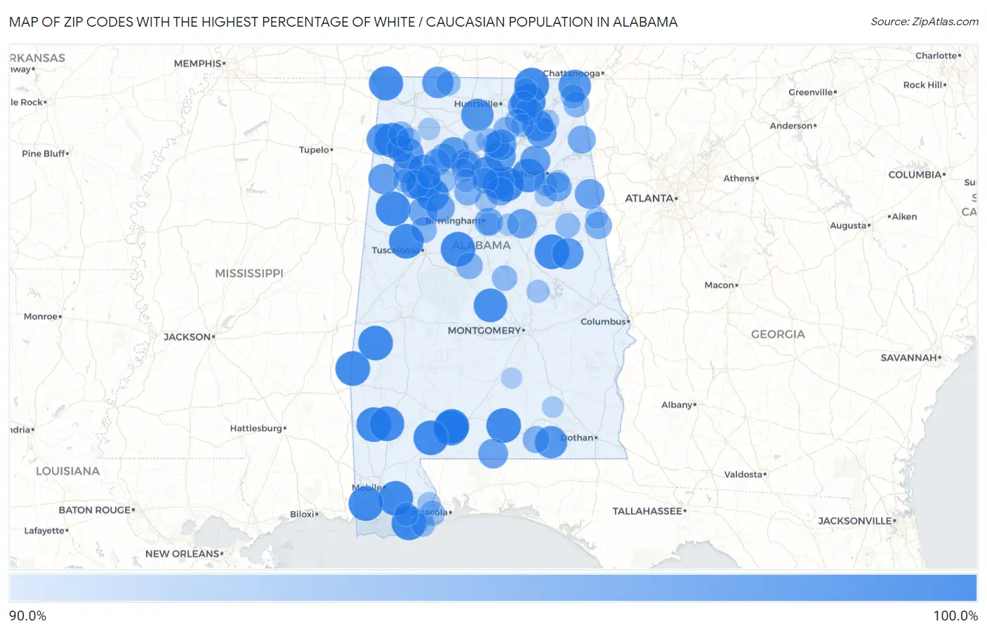 Zip Codes with the Highest Percentage of White / Caucasian Population in Alabama Map