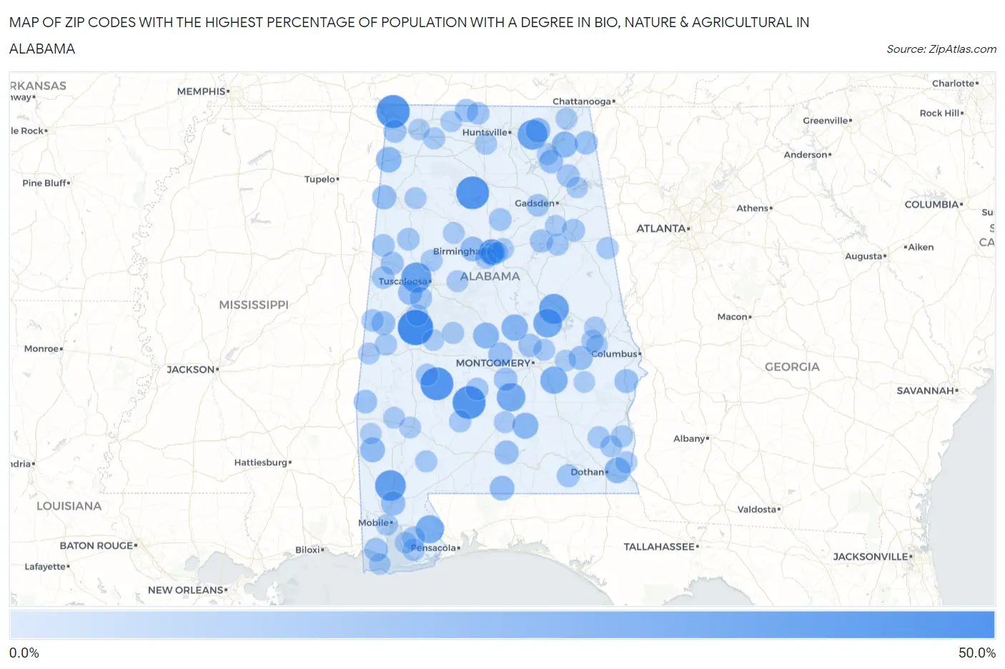 Zip Codes with the Highest Percentage of Population with a Degree in Bio, Nature & Agricultural in Alabama Map