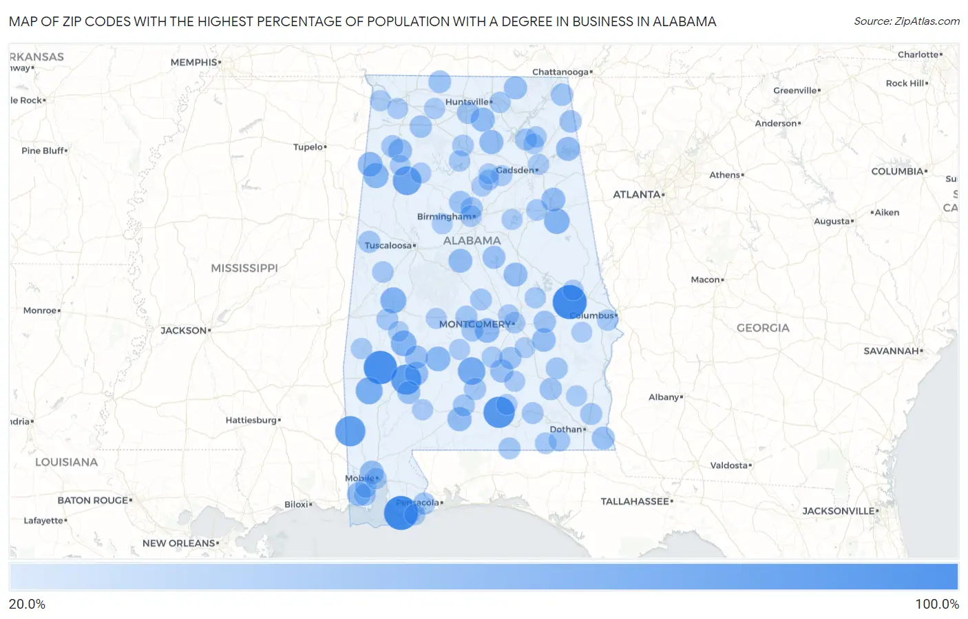 Zip Codes with the Highest Percentage of Population with a Degree in Business in Alabama Map