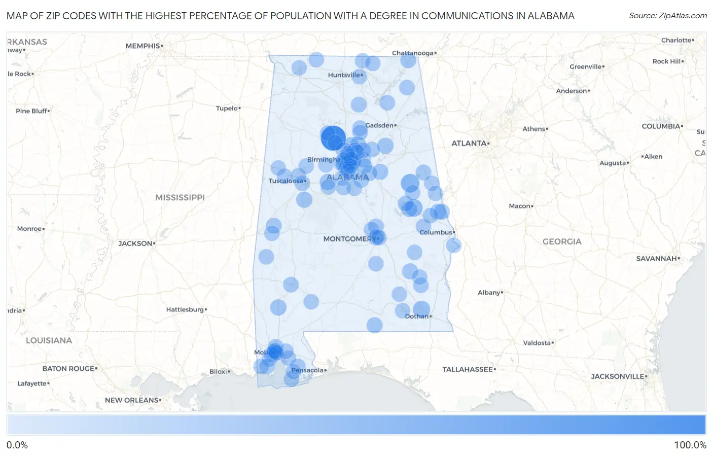Zip Codes with the Highest Percentage of Population with a Degree in Communications in Alabama Map
