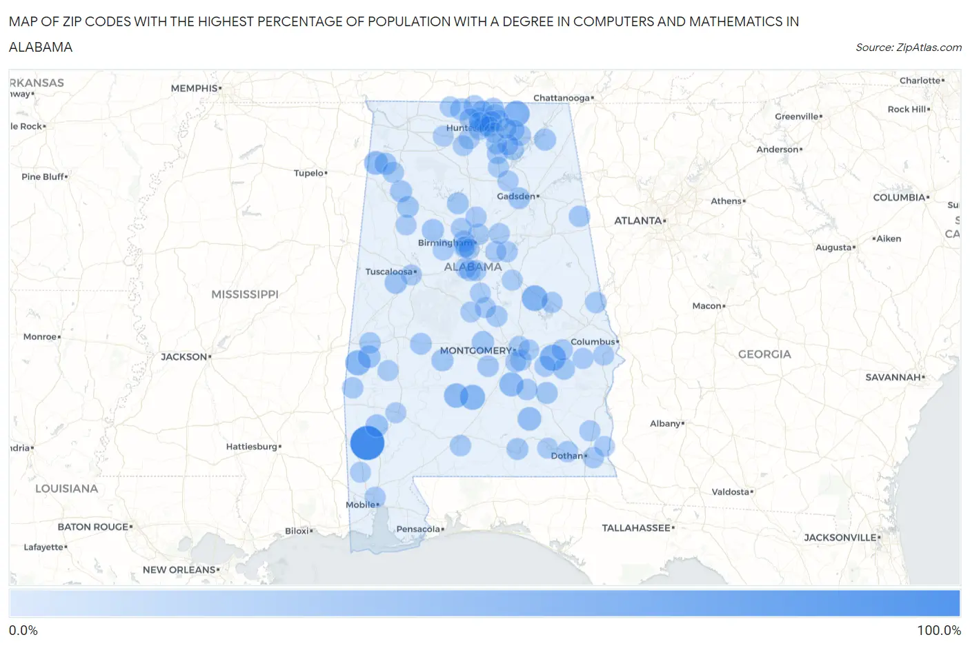 Zip Codes with the Highest Percentage of Population with a Degree in Computers and Mathematics in Alabama Map