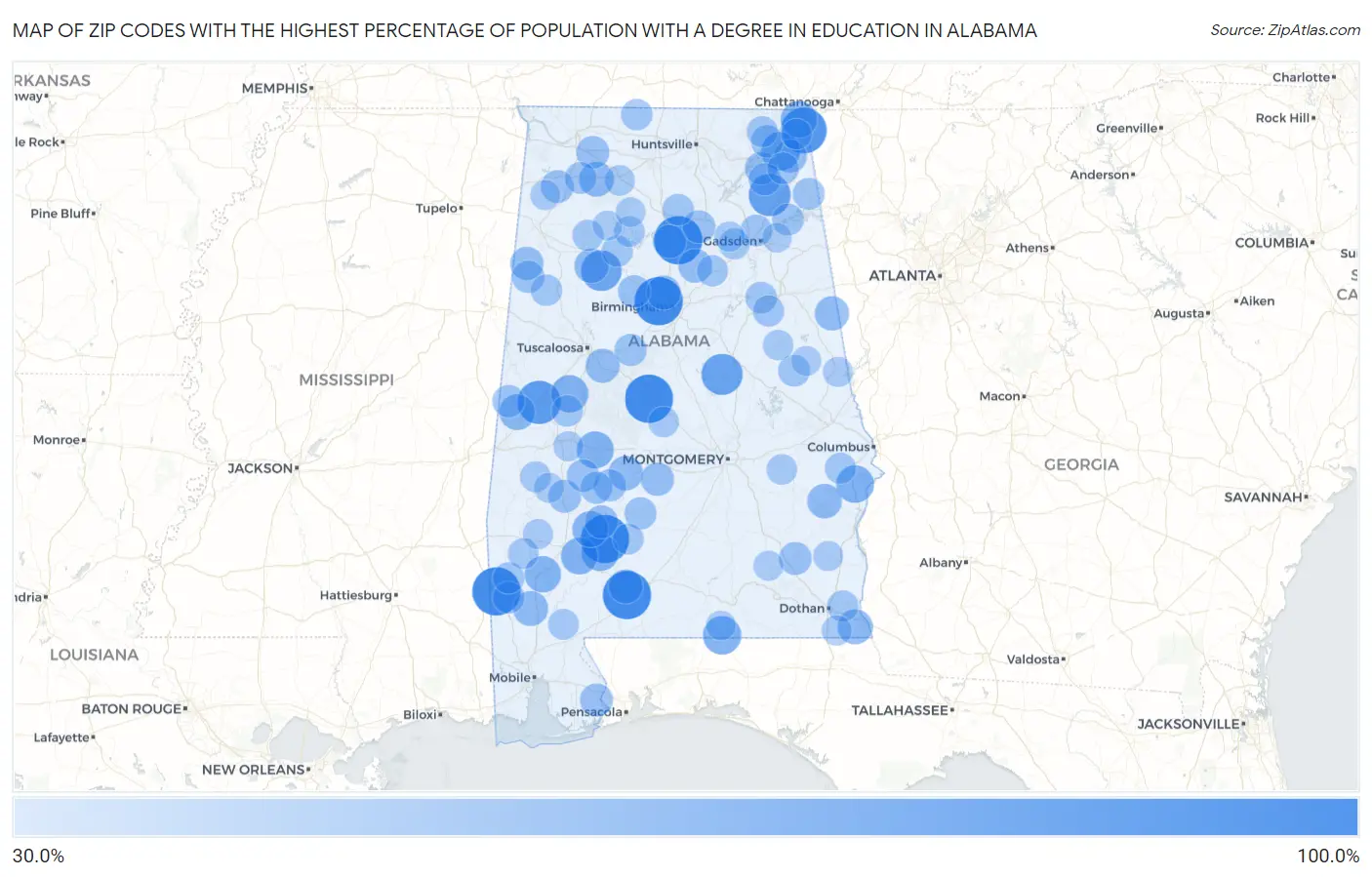 Zip Codes with the Highest Percentage of Population with a Degree in Education in Alabama Map